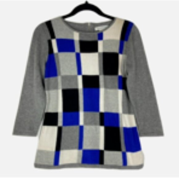 🧡3/15 Liz Claiborne Geometric Color Block Blue/Black/Gray Sweater Women's M - Picture 1 of 8
